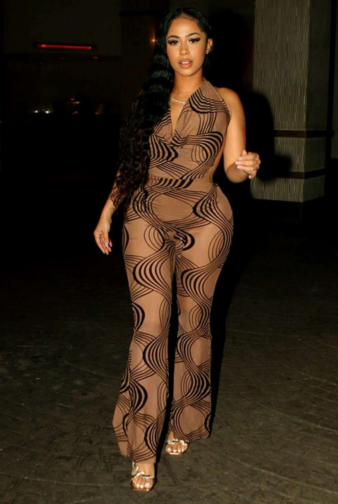 Striped Print Sleeveless Halter Neck Tie Rope Backless Jumpsuit