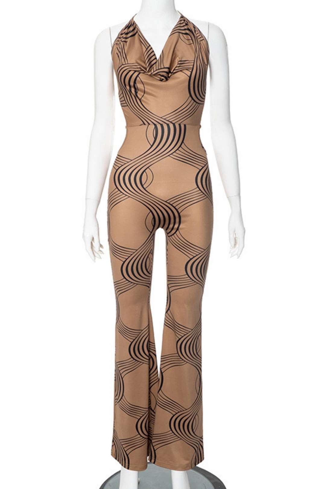 Striped Print Sleeveless Halter Neck Tie Rope Backless Jumpsuit