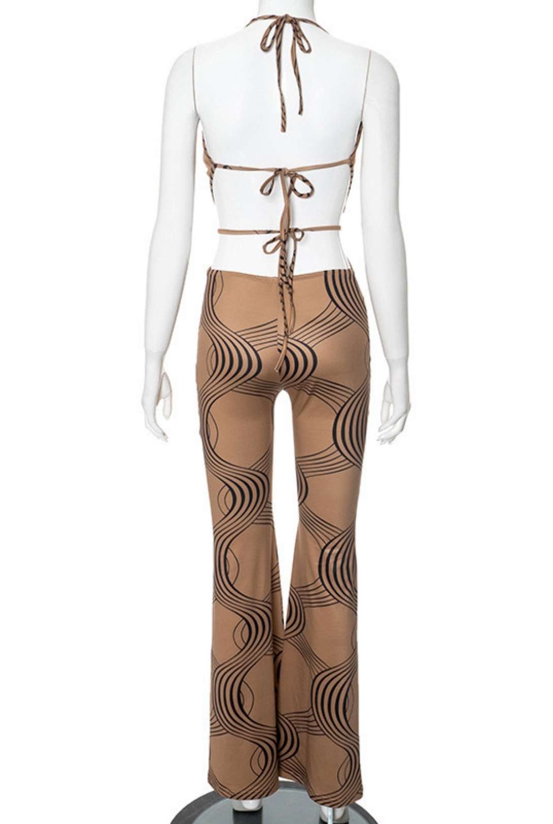 Striped Print Sleeveless Halter Neck Tie Rope Backless Jumpsuit