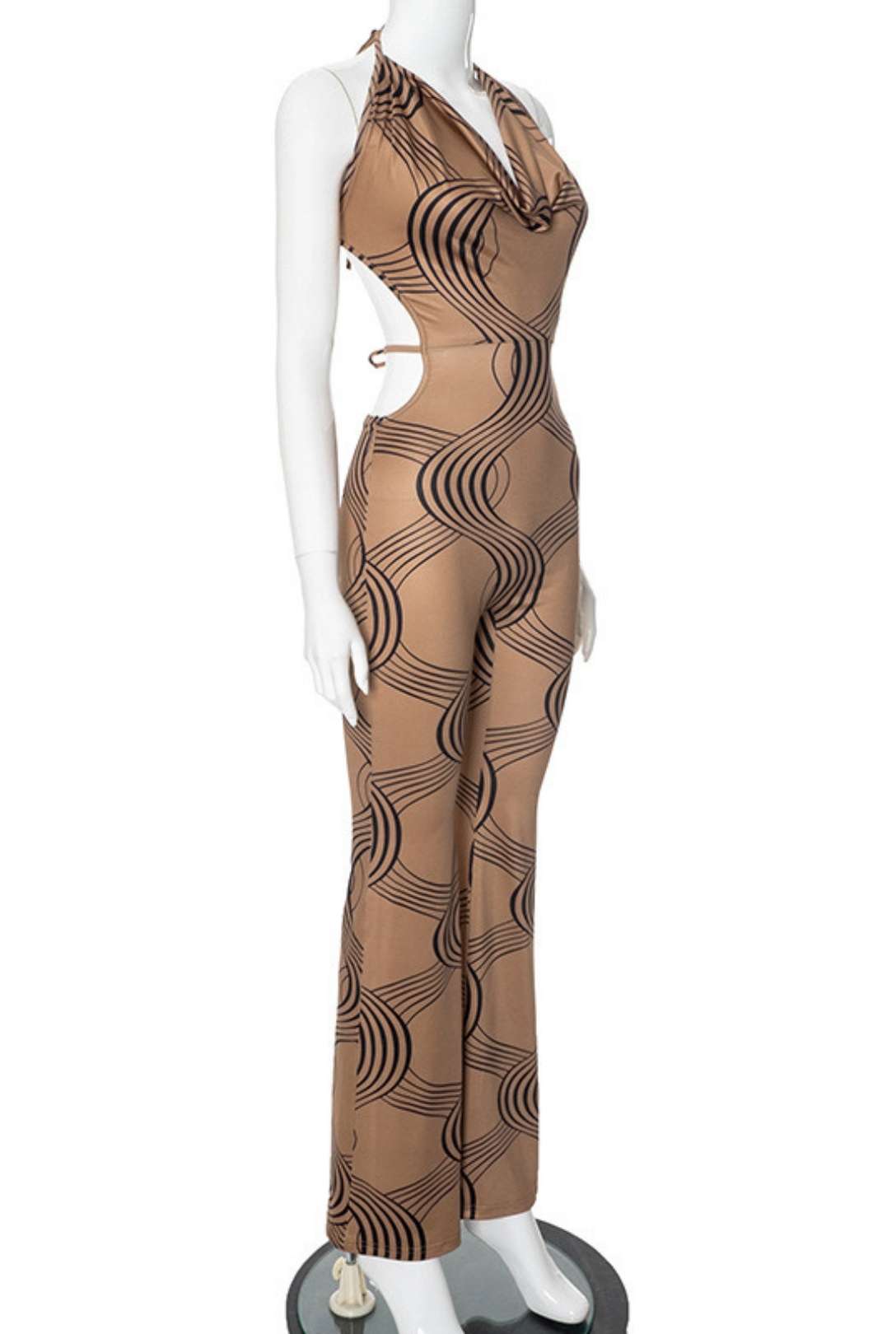 Striped Print Sleeveless Halter Neck Tie Rope Backless Jumpsuit