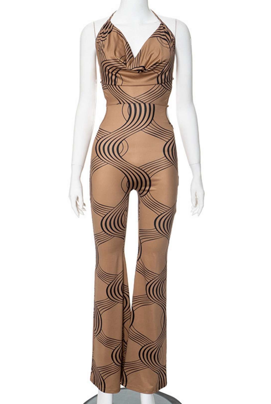 Striped Print Sleeveless Halter Neck Tie Rope Backless Jumpsuit