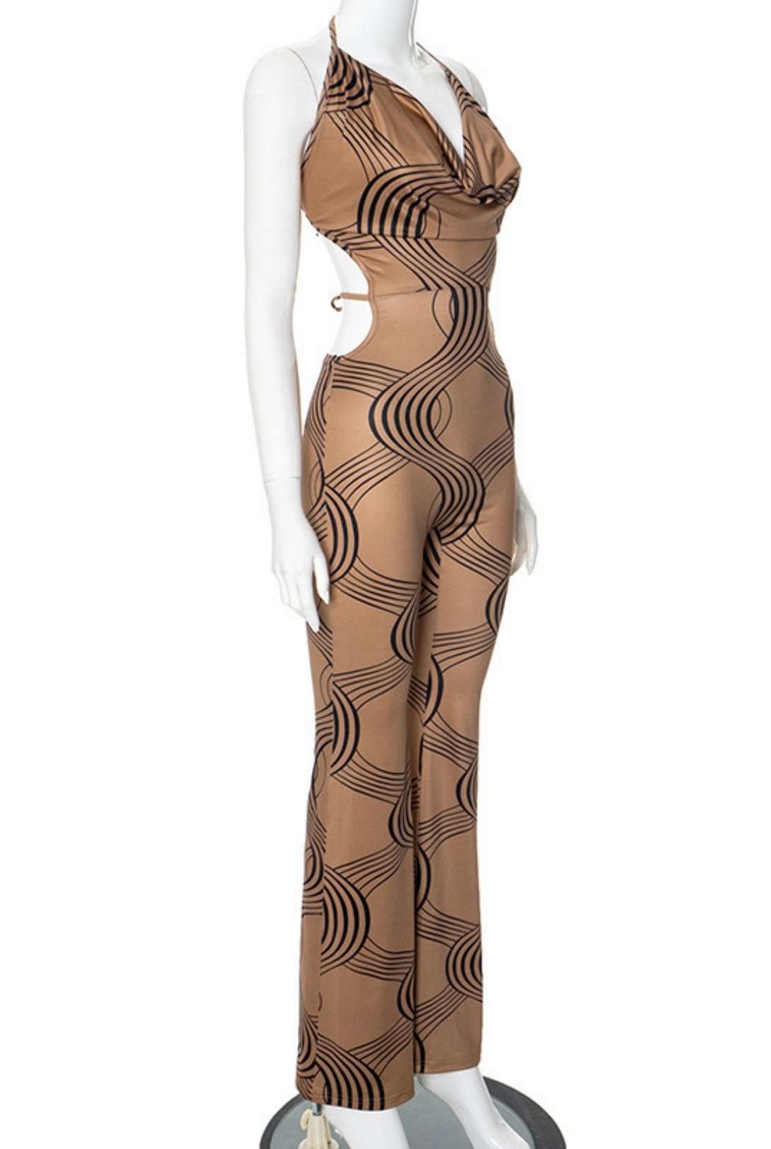 Striped Print Sleeveless Halter Neck Tie Rope Backless Jumpsuit