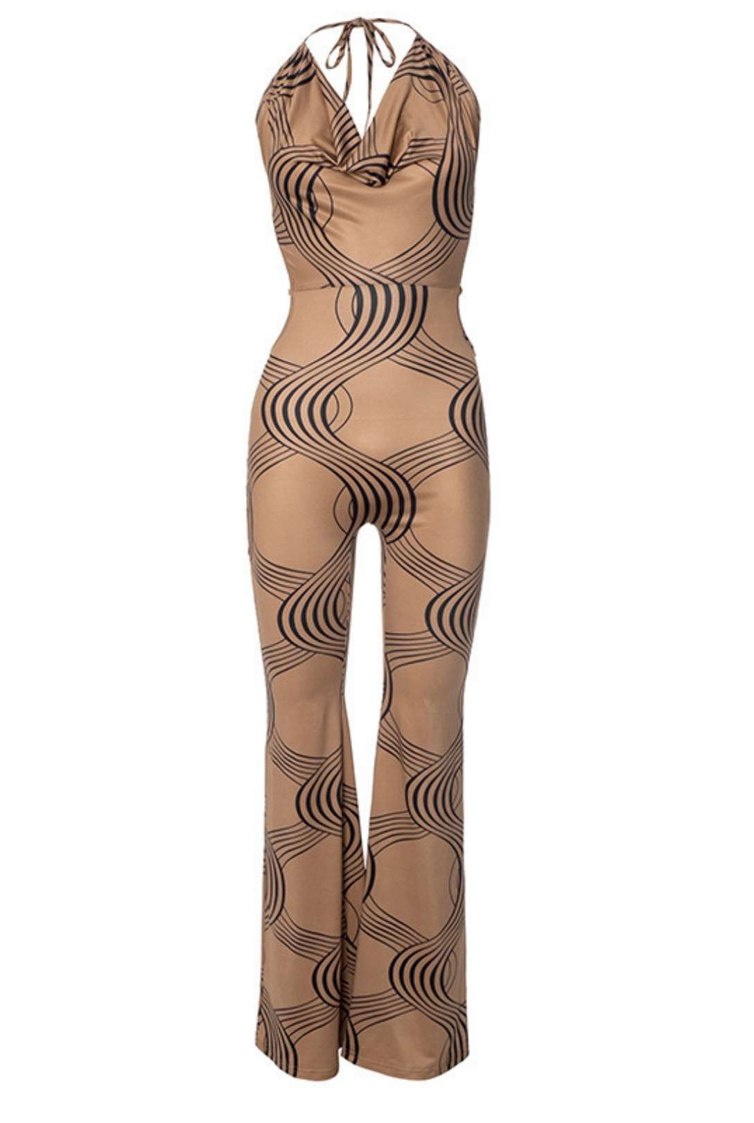 Striped Print Sleeveless Halter Neck Tie Rope Backless Jumpsuit