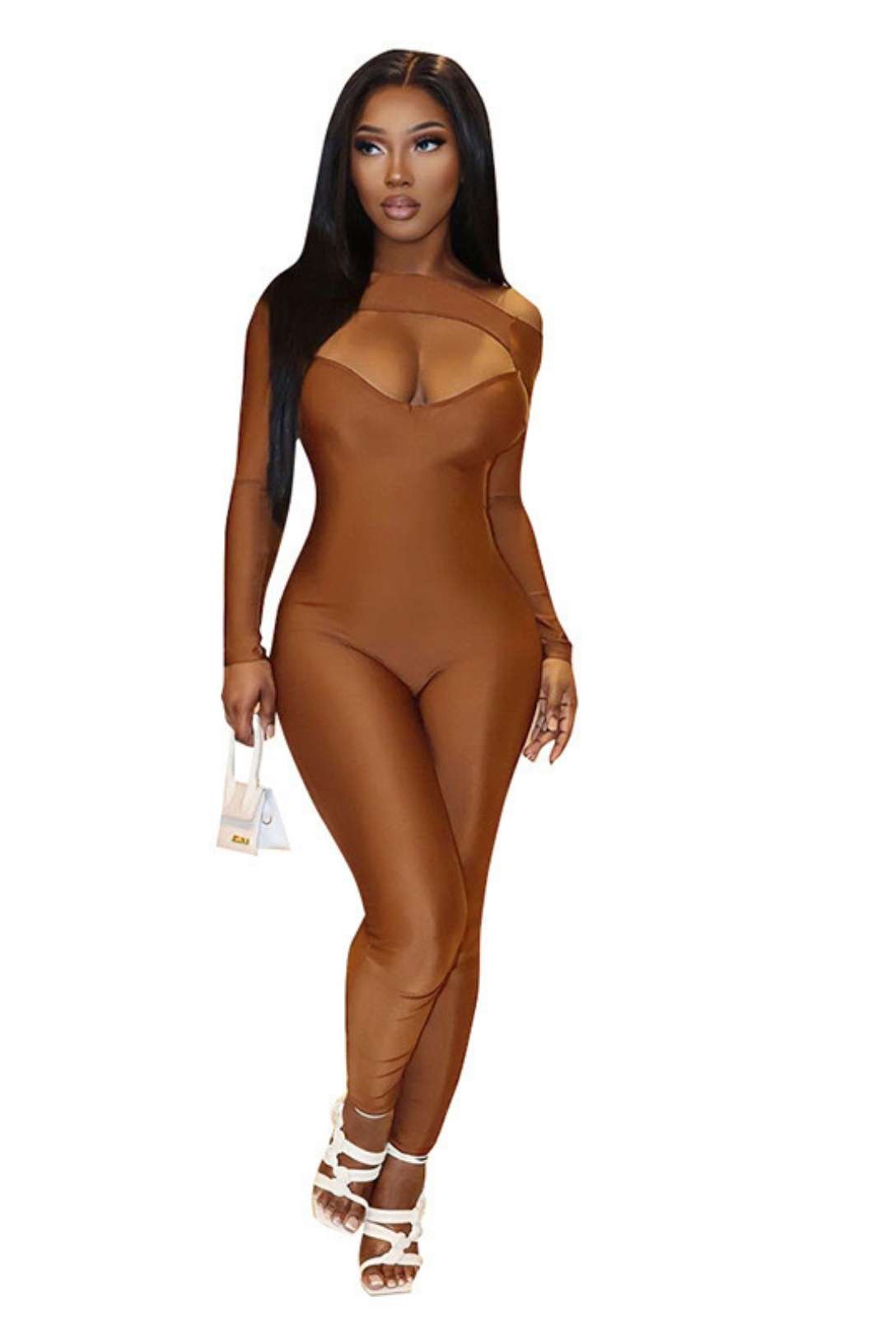 Hollow One-line Collar Long-sleeved Tight Jumpsuit