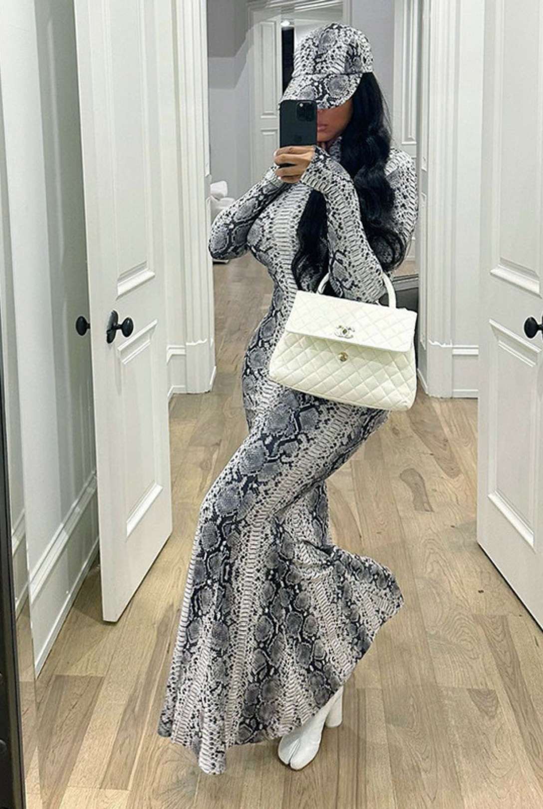 Snake Print High Collar Long Sleeve Slim Fishtail Dress