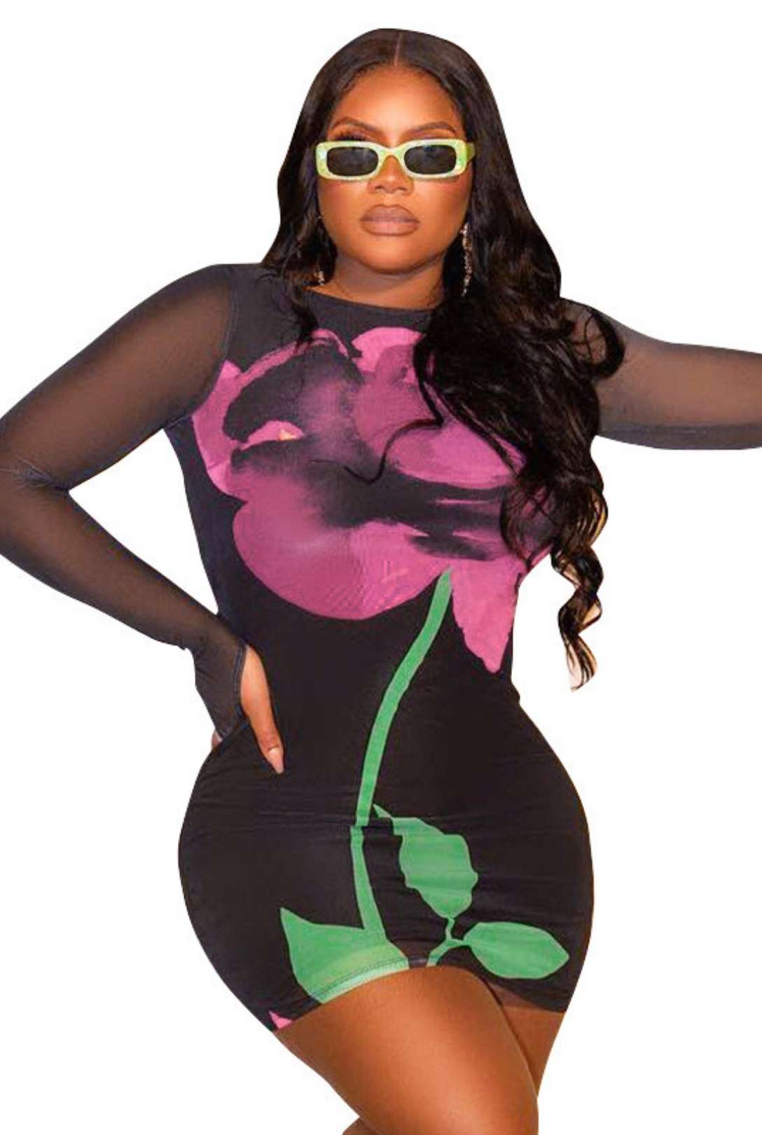 Mesh Printed Backless Rope Round Neck Long-sleeved Dress