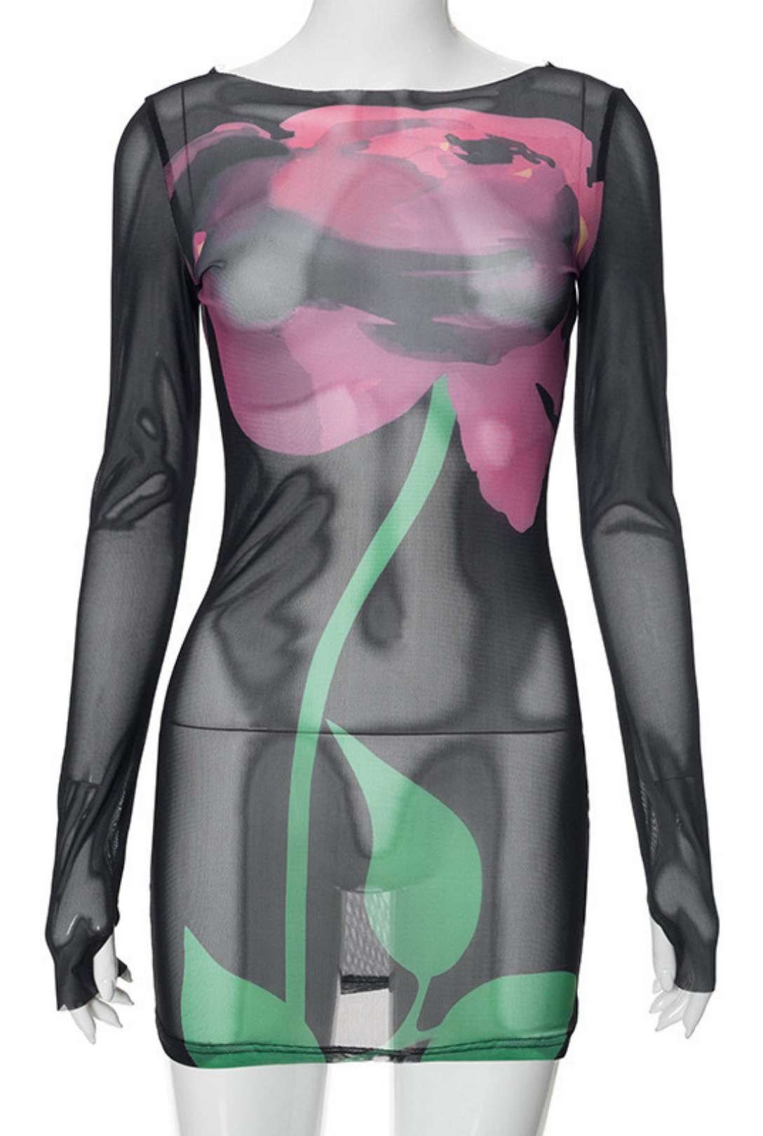 Mesh Printed Backless Rope Round Neck Long-sleeved Dress