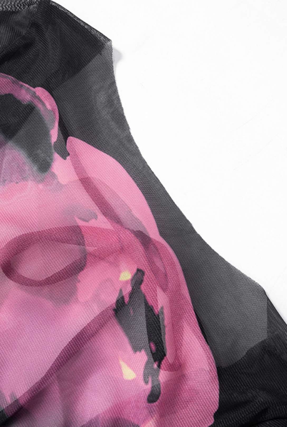 Mesh Printed Backless Rope Round Neck Long-sleeved Dress