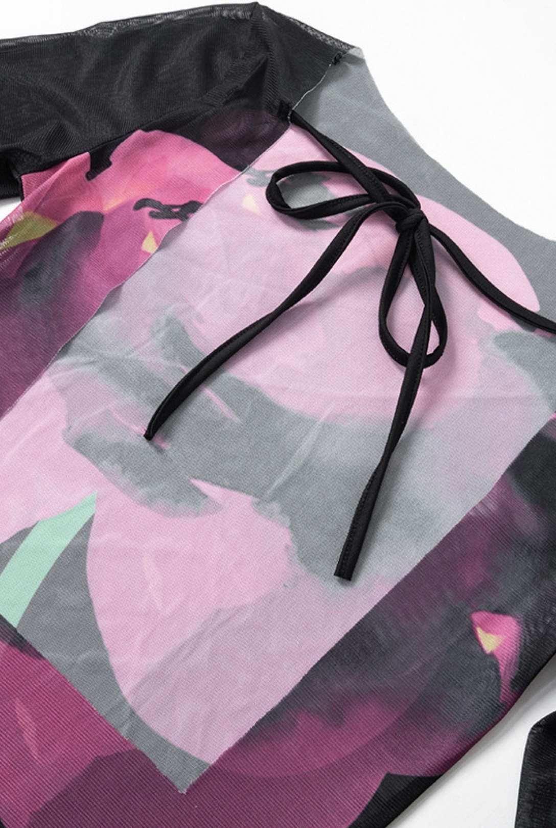 Mesh Printed Backless Rope Round Neck Long-sleeved Dress