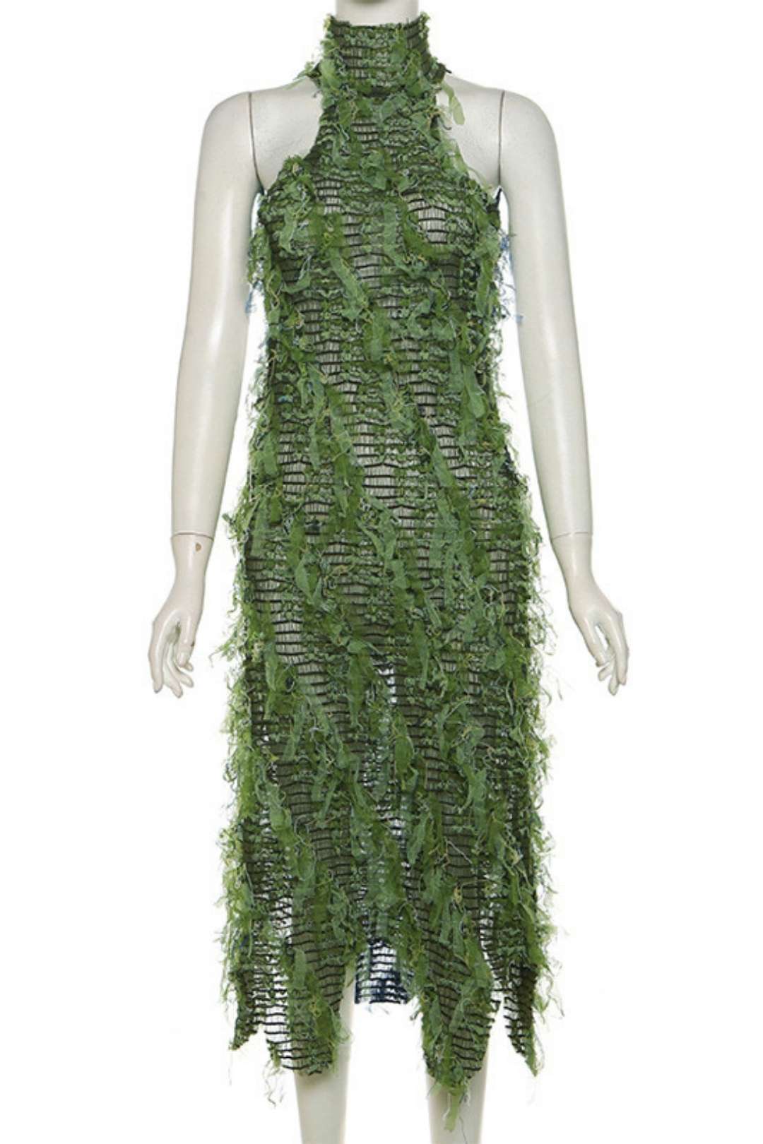 Collar Sleeveless Tassel See-through High Waist Slim Long Dress