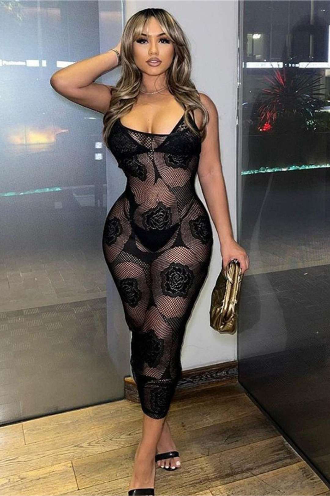 Sexy Low-cut See-through Hollow Jacquard Suspender Long Temperament Dress