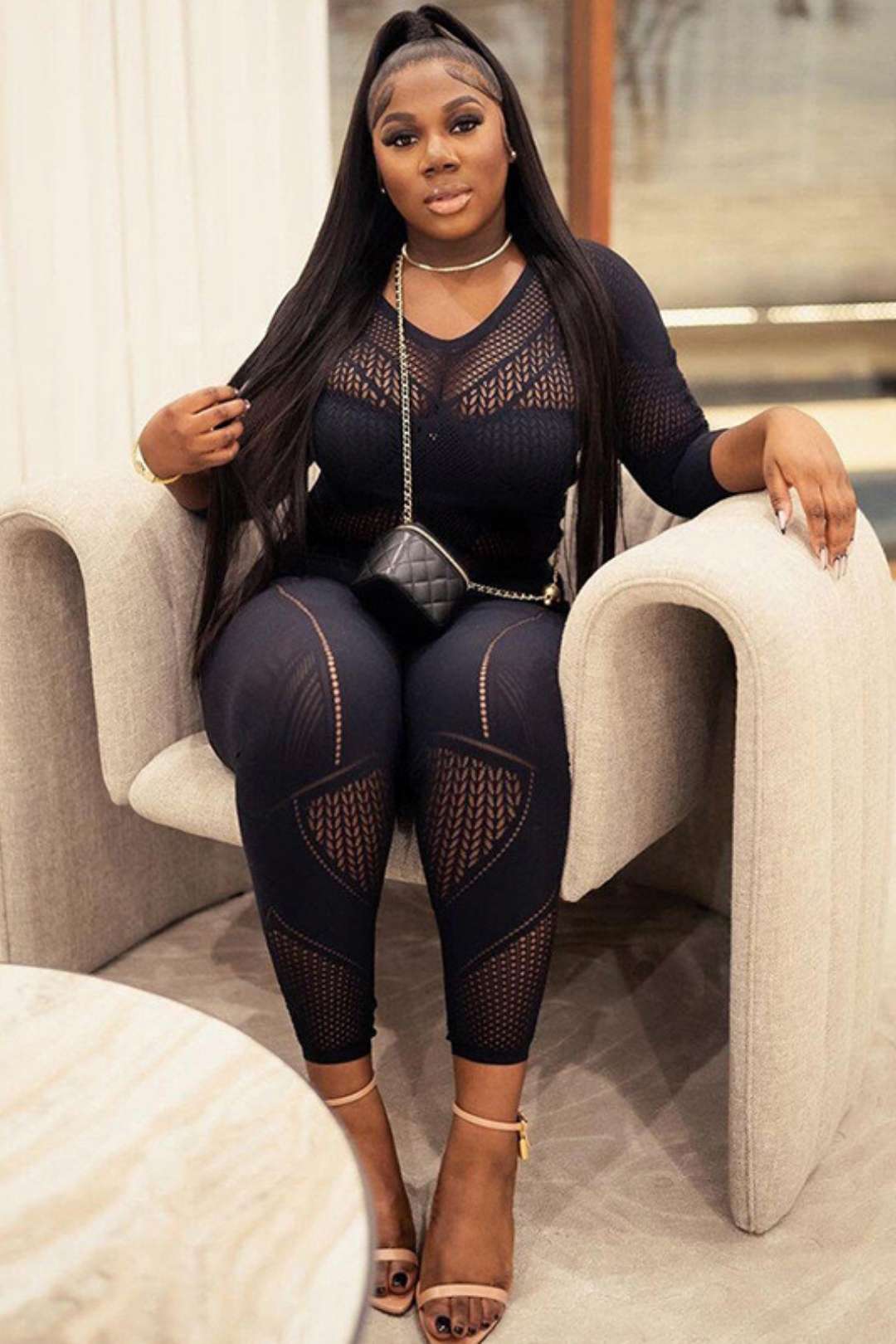 Sexy Hollow Jacquard Knitted High-waist Tight Jumpsuit