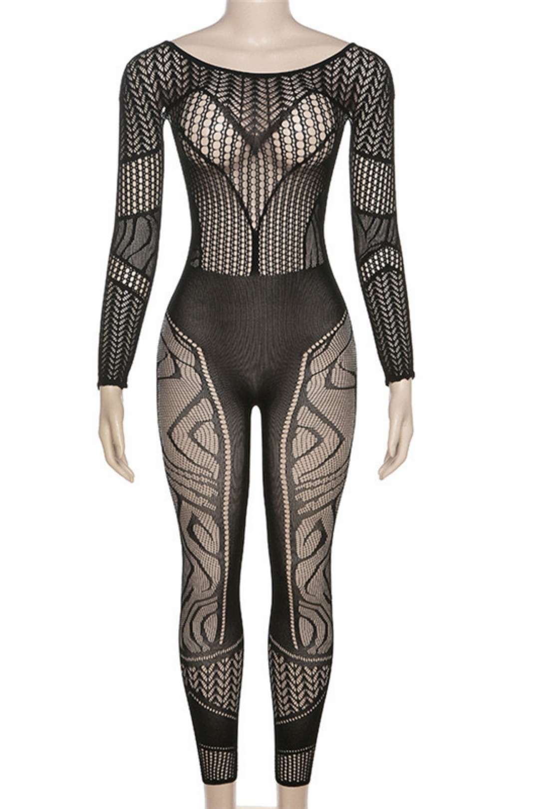 Sexy Hollow Jacquard Knitted High-waist Tight Jumpsuit