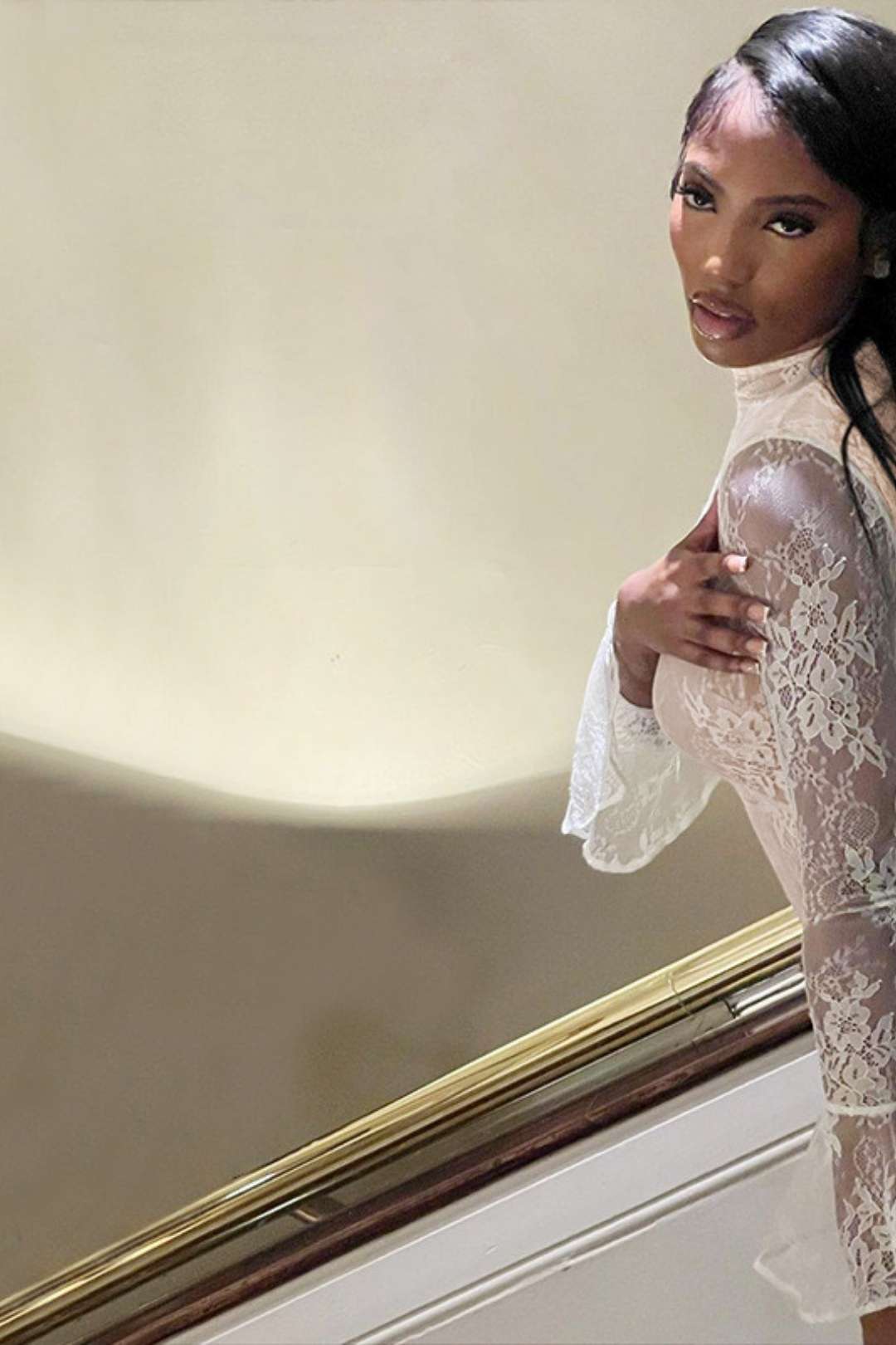 Sexy Hollow Lace Splicing Long Sleeve Dress