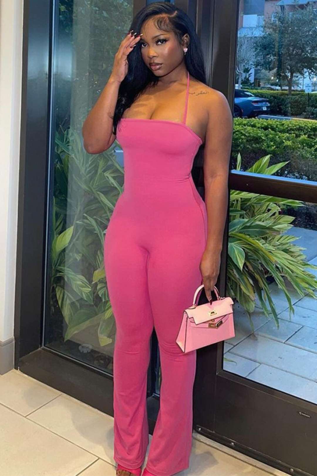 Sexy Backless Tube Top Halter Neck Solid Color Jumpsuit