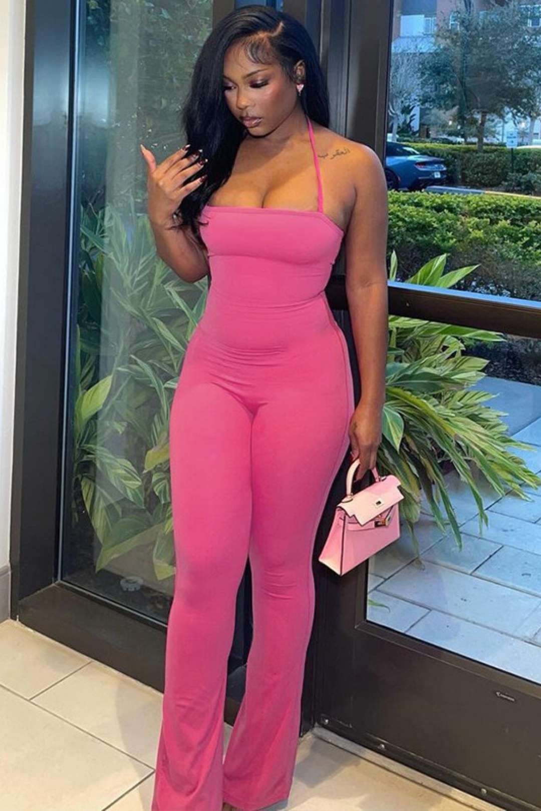 Sexy Backless Tube Top Halter Neck Solid Color Jumpsuit