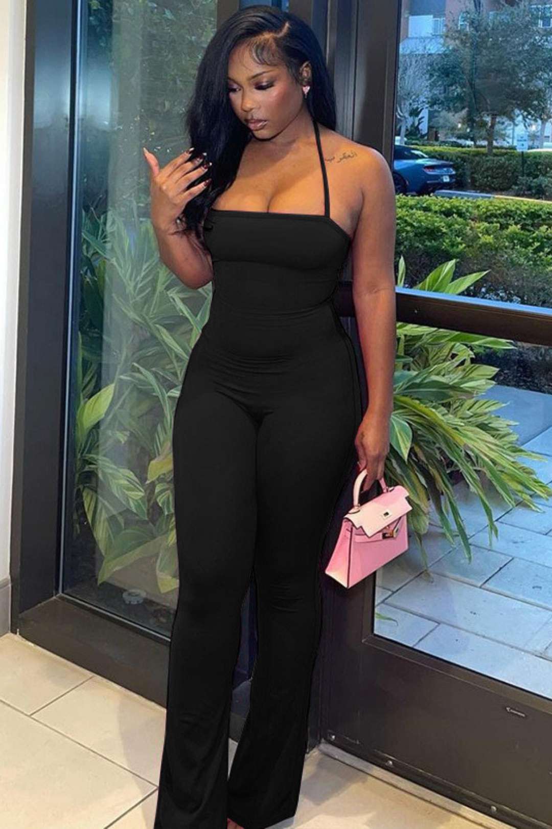 Sexy Backless Tube Top Halter Neck Solid Color Jumpsuit