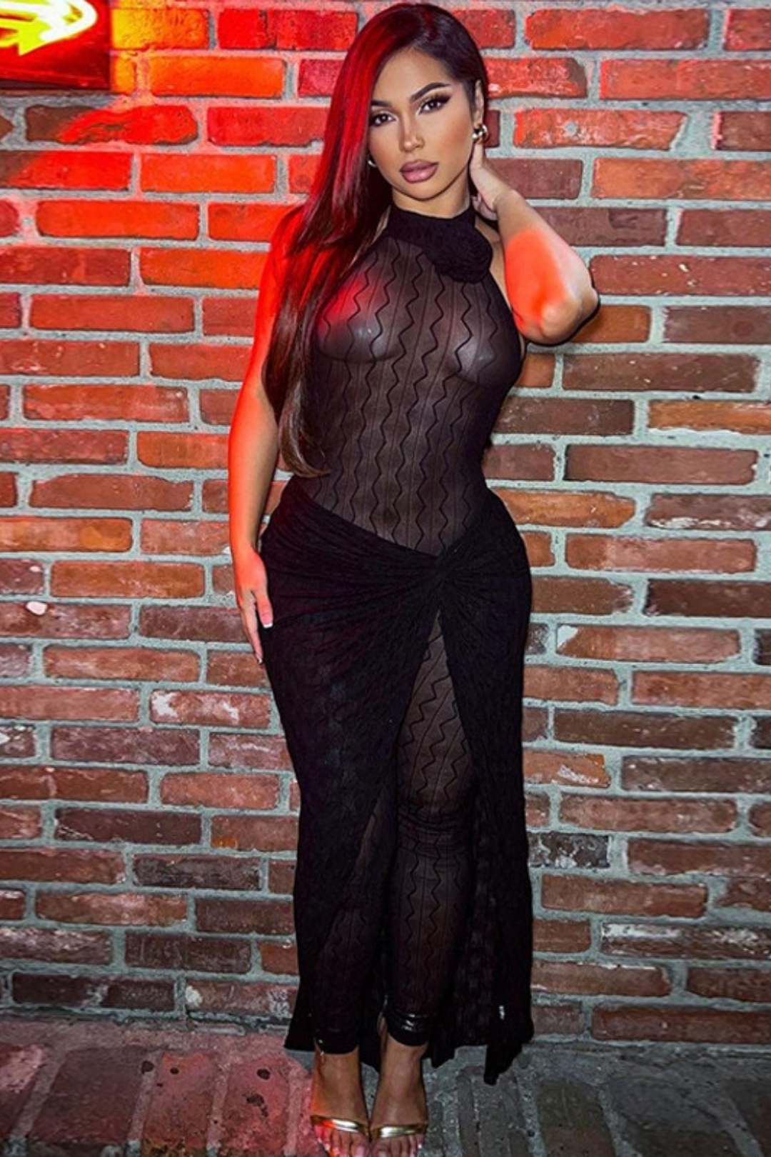 Sexy Mesh See-through Lace-up Jumpsuit Slim Skirt Suit