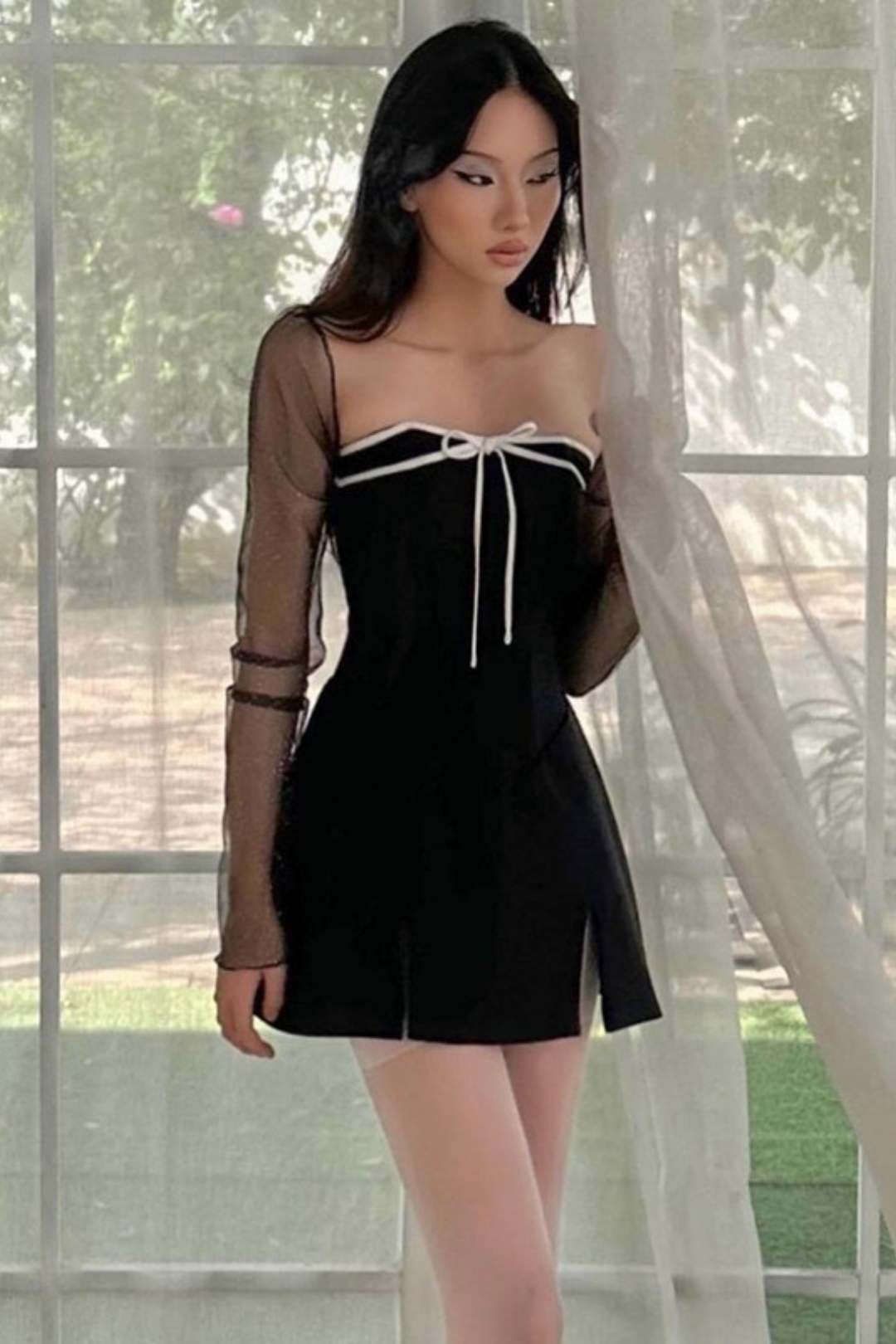 Mesh Long-sleeved Blouse Lace-up Slit Dress Two-piece Set