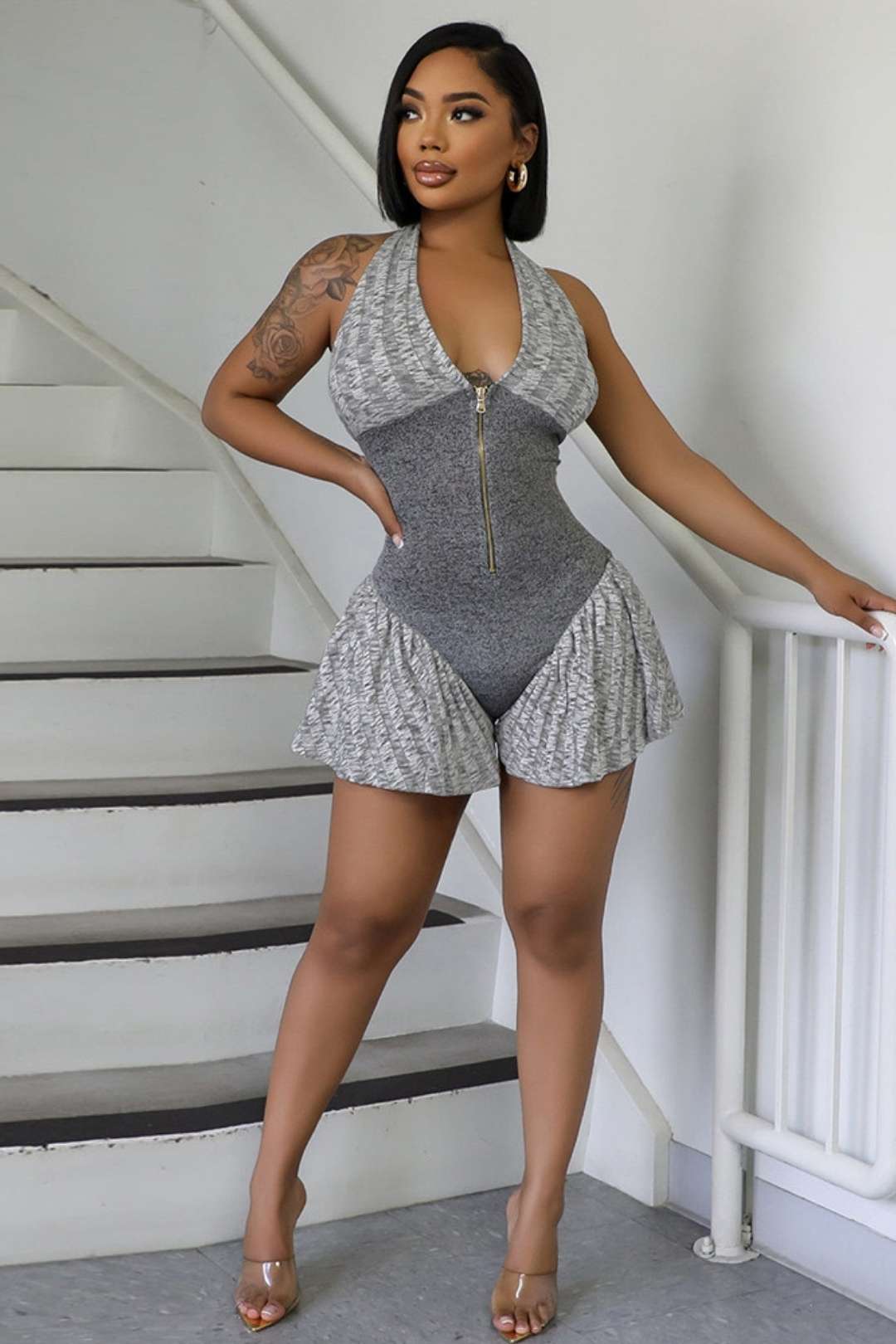 Backless Sleeveless Stitching Contrasting Zipper Romper