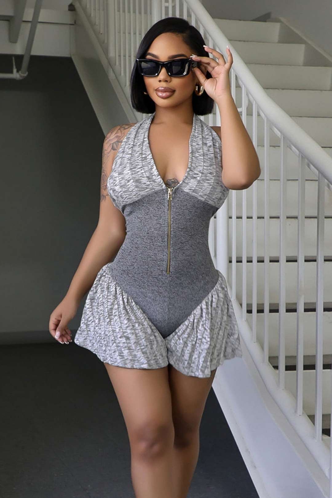Backless Sleeveless Stitching Contrasting Zipper Romper