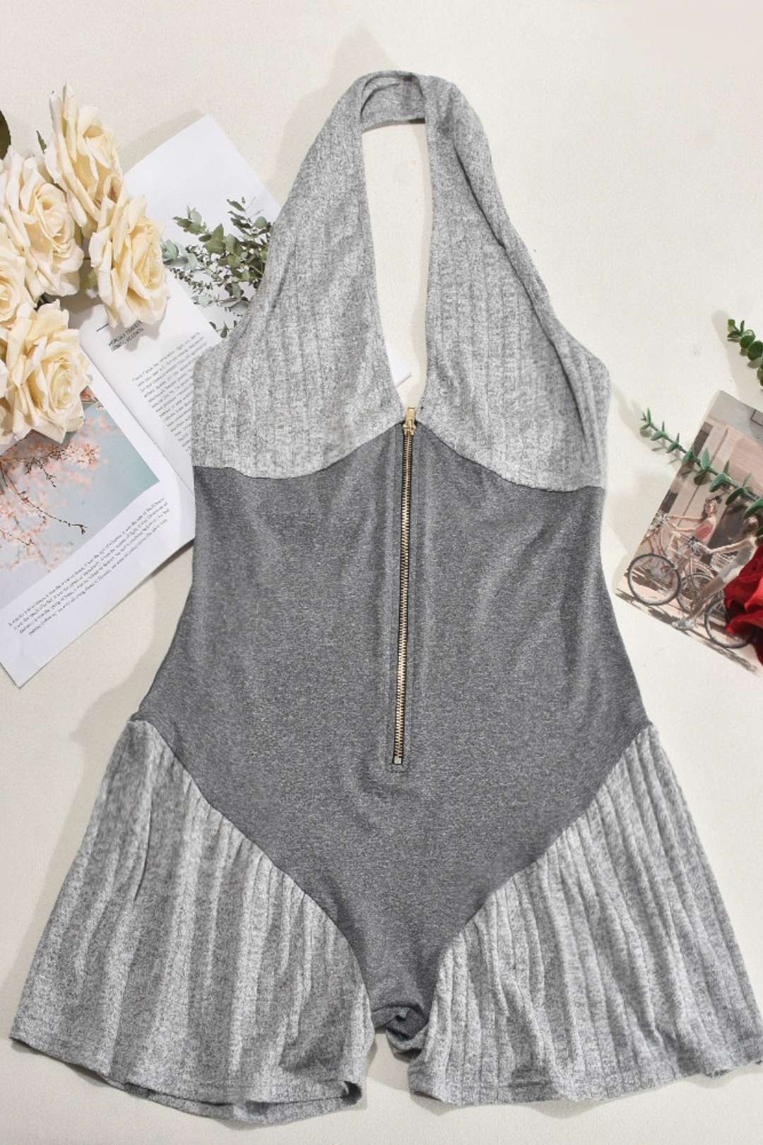 Backless Sleeveless Stitching Contrasting Zipper Romper