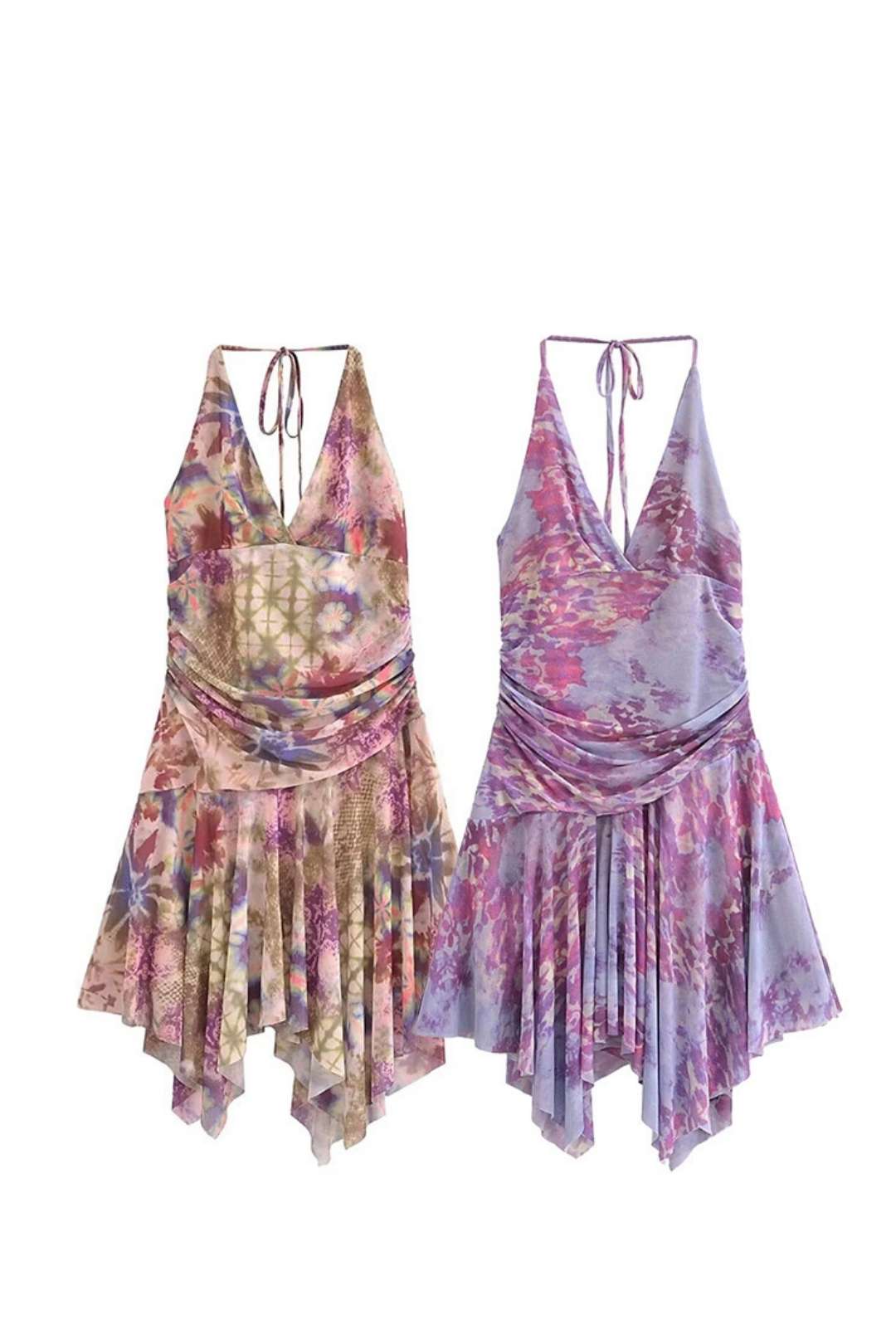 Printed V-neck Halter Irregular Suspender Dress