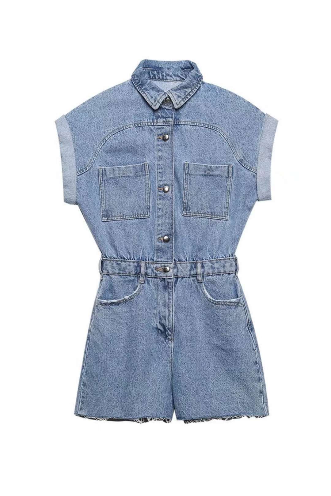 Lapel Short-sleeved Denim Short Jumpsuit