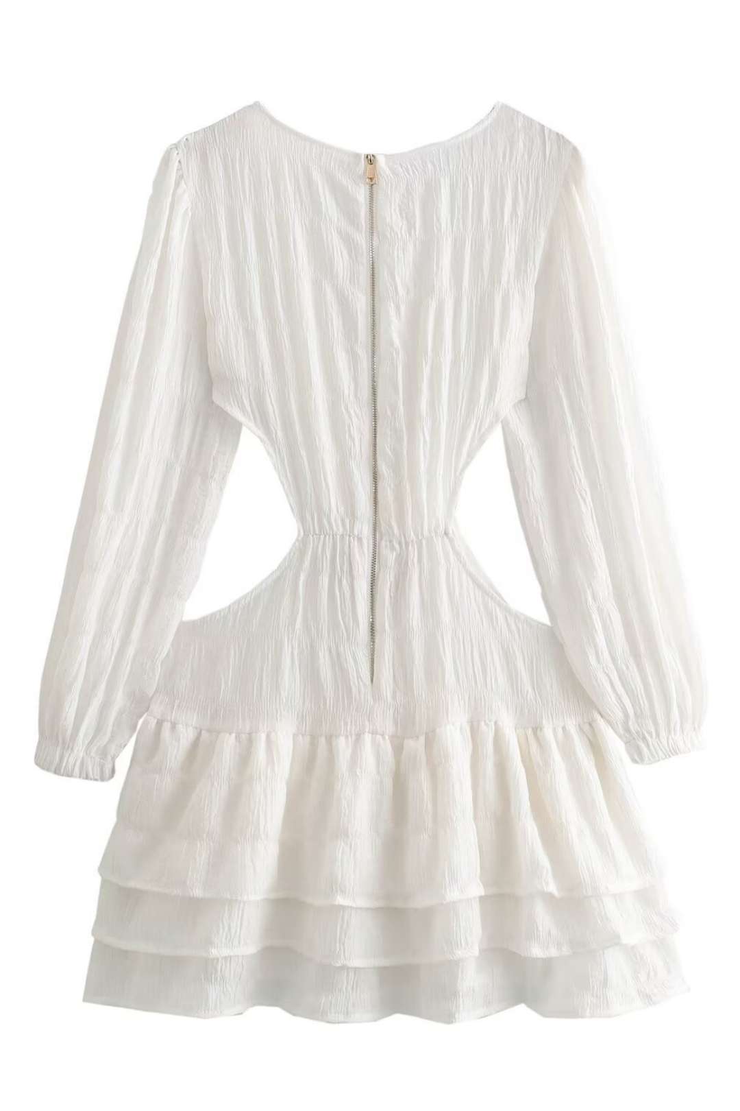 V-neck Hollow Long Sleeve Waist Puff Short Dress