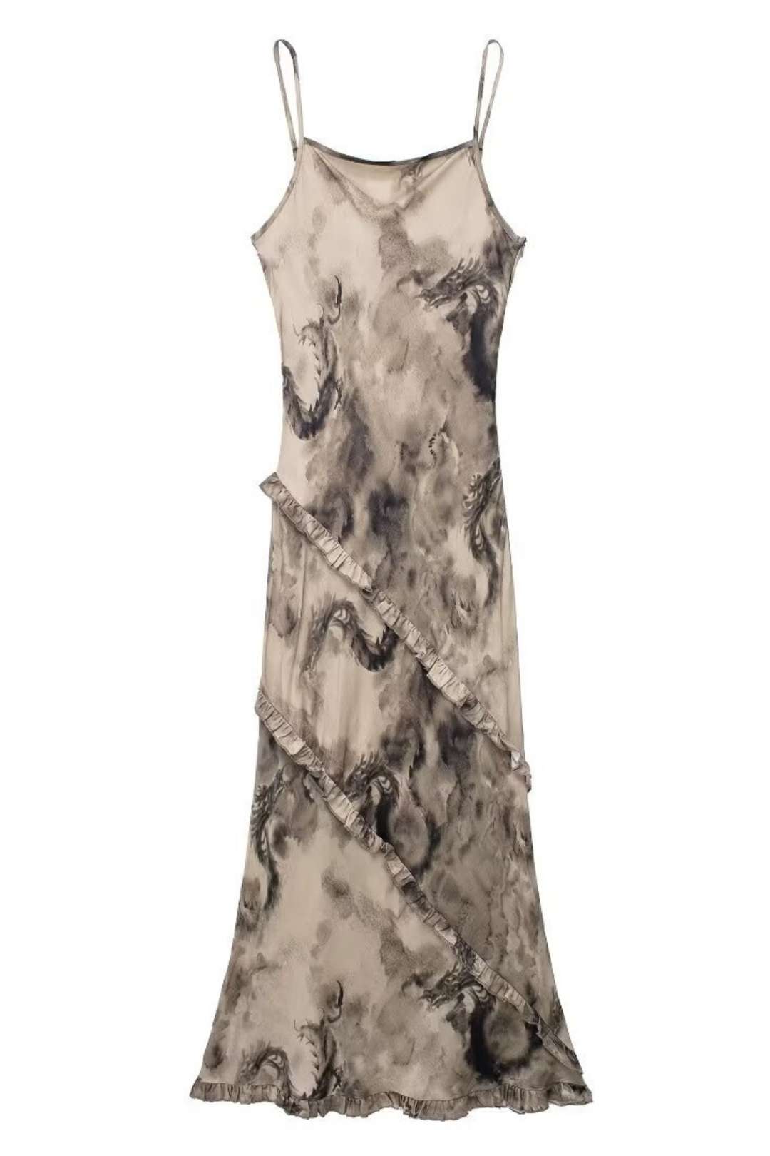 Layered Decorative Printed Silk Satin Texture Dress