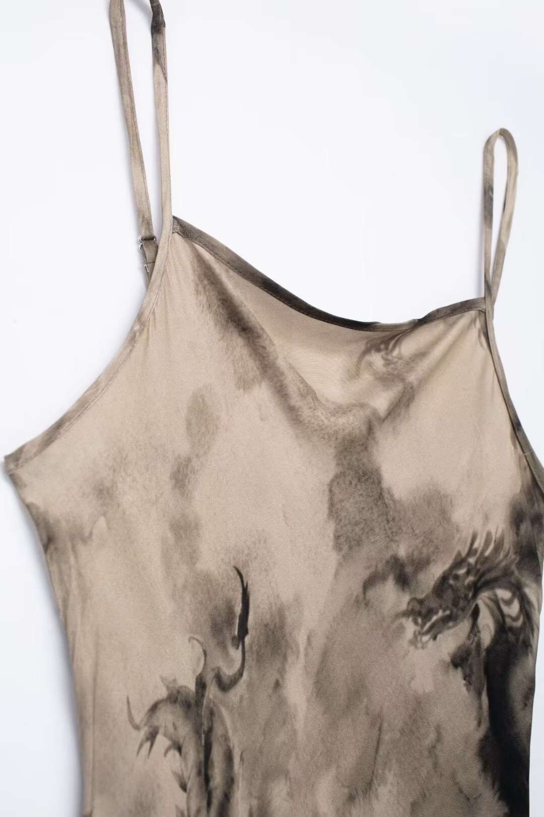 Layered Decorative Printed Silk Satin Texture Dress