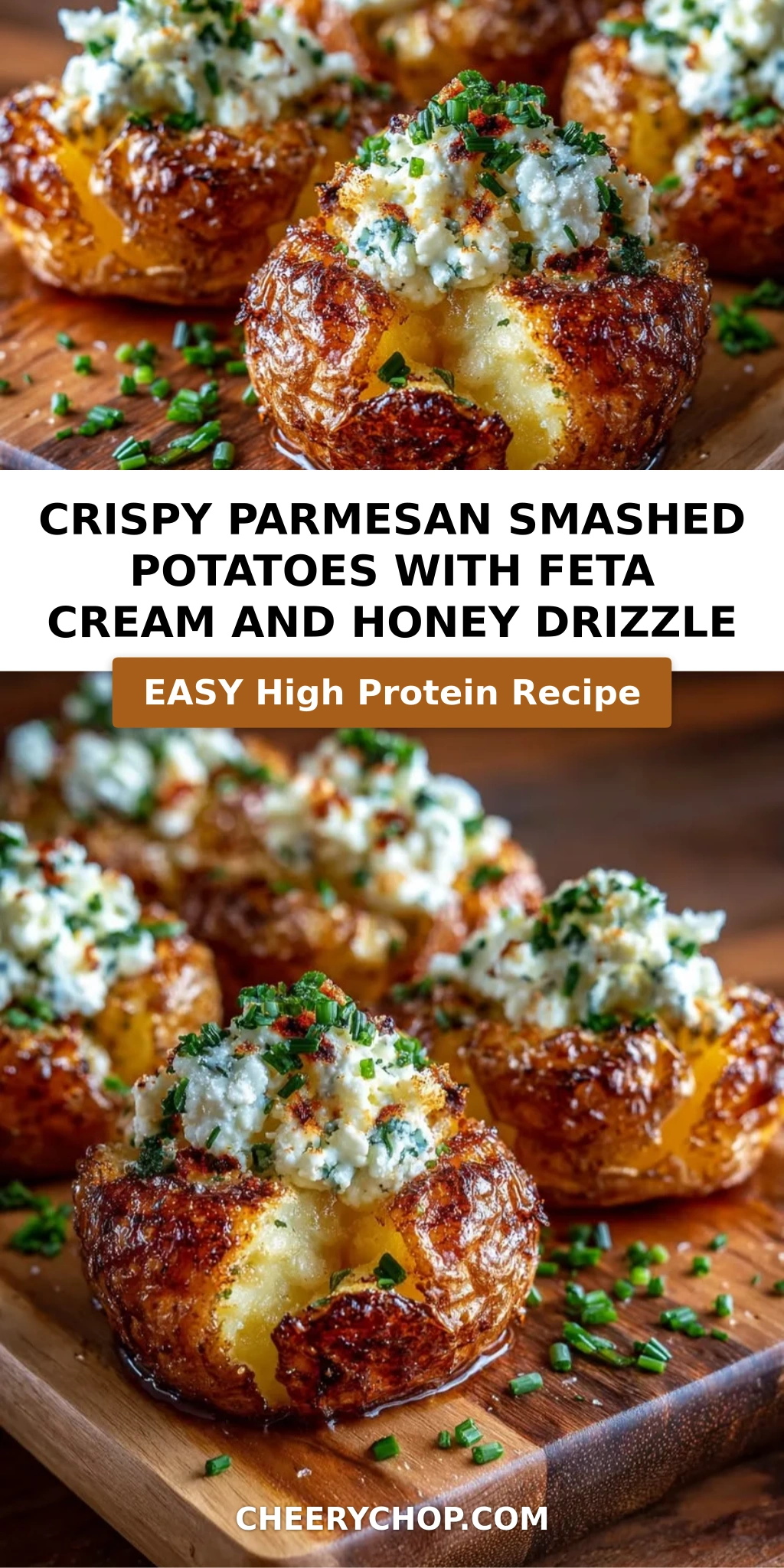 Crispy Parmesan Smashed Potatoes with Feta Cream and Honey Drizzle