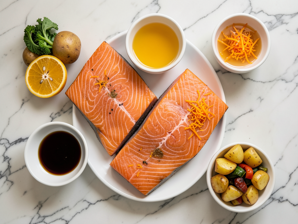 Sticky Honey Orange Salmon with Roasted Veggies & Golden Potatoes