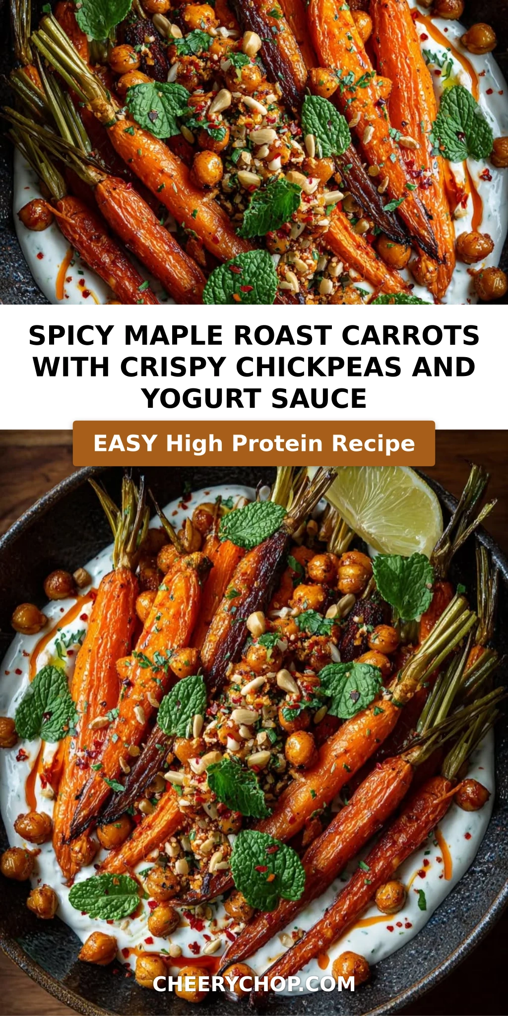 Spicy maple roast carrots with crispy chickpeas and yogurt sauce