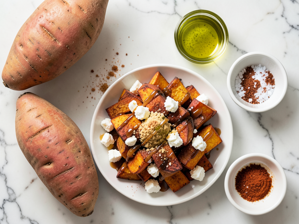 Crispy Roasted Sweet Potato Wedges with Feta and Hot Honey Drizzle
