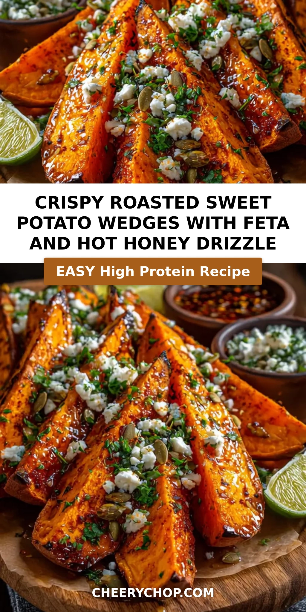Crispy Roasted Sweet Potato Wedges with Feta and Hot Honey Drizzle