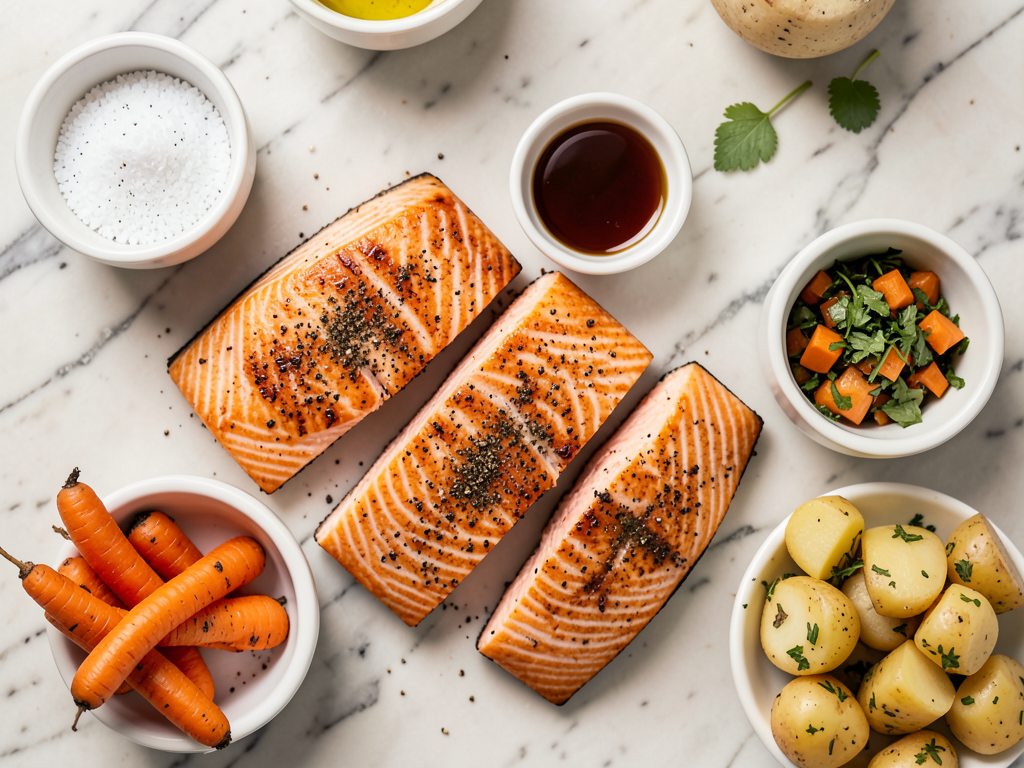 Maple Dijon Glazed Salmon with Oven-Roasted Carrots & Herb-Infused Potatoes