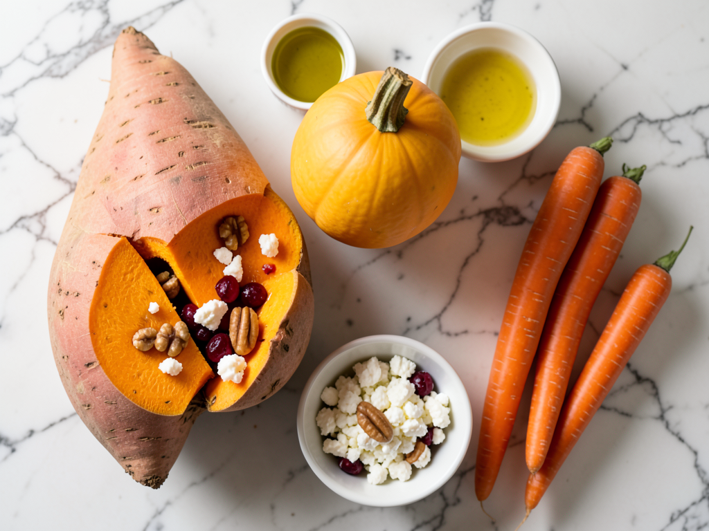 Layered Sweet Potato, Butternut Squash, Carrot Lasagna with Feta, Walnuts, and Cranberry-Honey Glaze