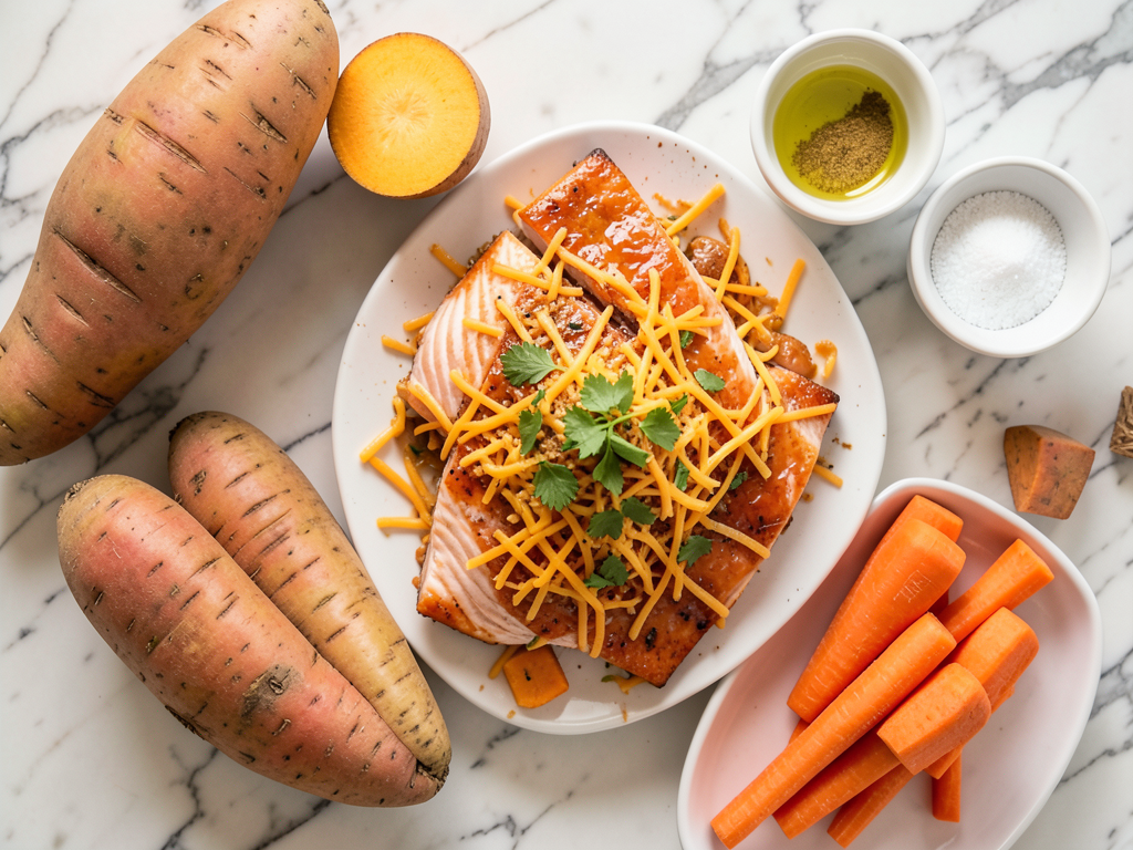 Honey Garlic Glazed Salmon with Cheesy Carrot & Sweet Potato