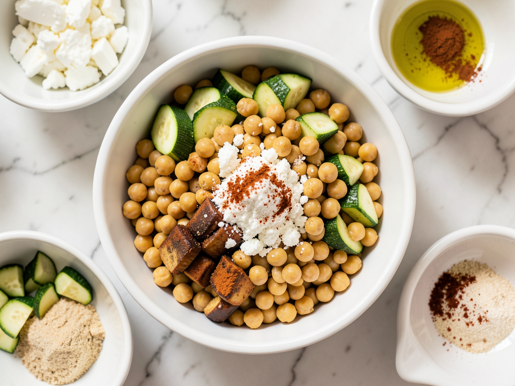 Crispy Chickpea & Roasted Zucchini Bowl with Hot Honey Feta