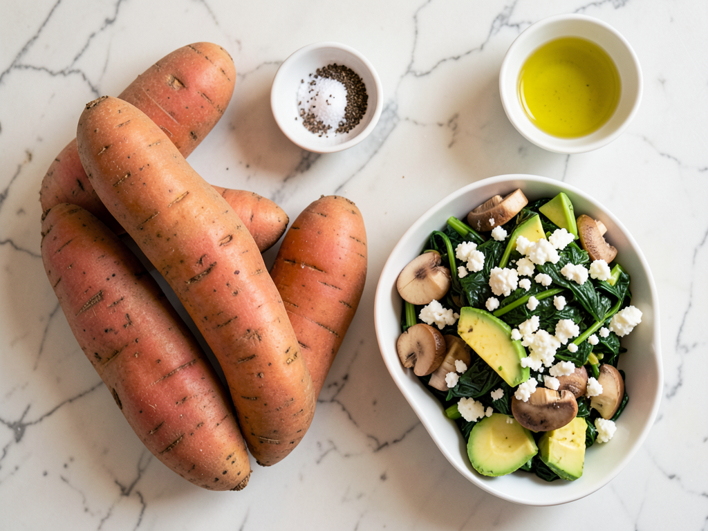 Loaded Sweet Potatoes with Garlic Spinach, Mushrooms, Avocado & Crumbled Feta
