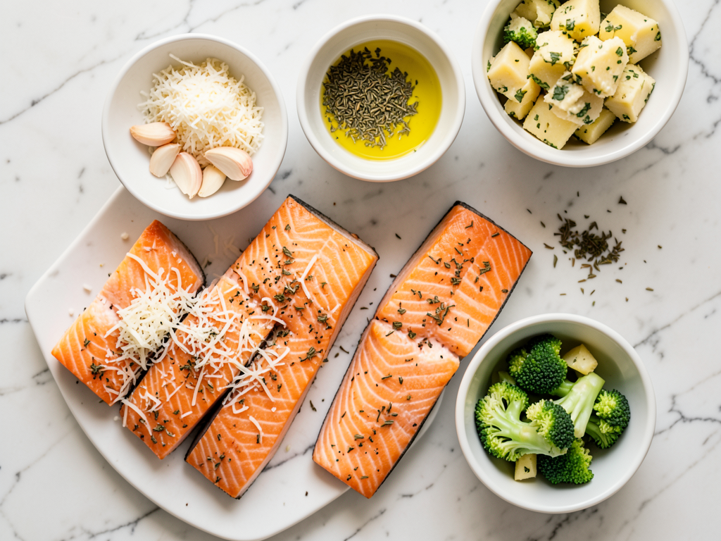 Garlic Parmesan Salmon with Creamy Broccoli & Herb Potatoes