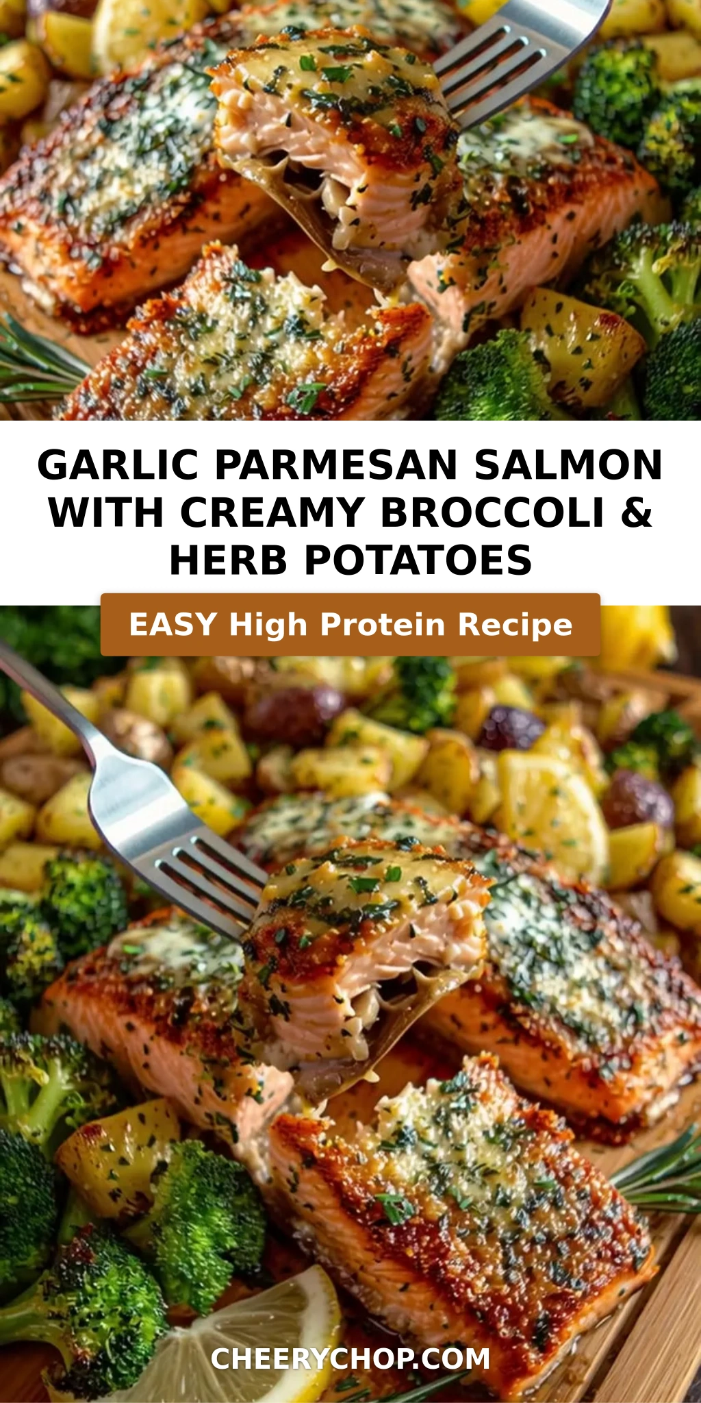 Garlic Parmesan Salmon with Creamy Broccoli & Herb Potatoes