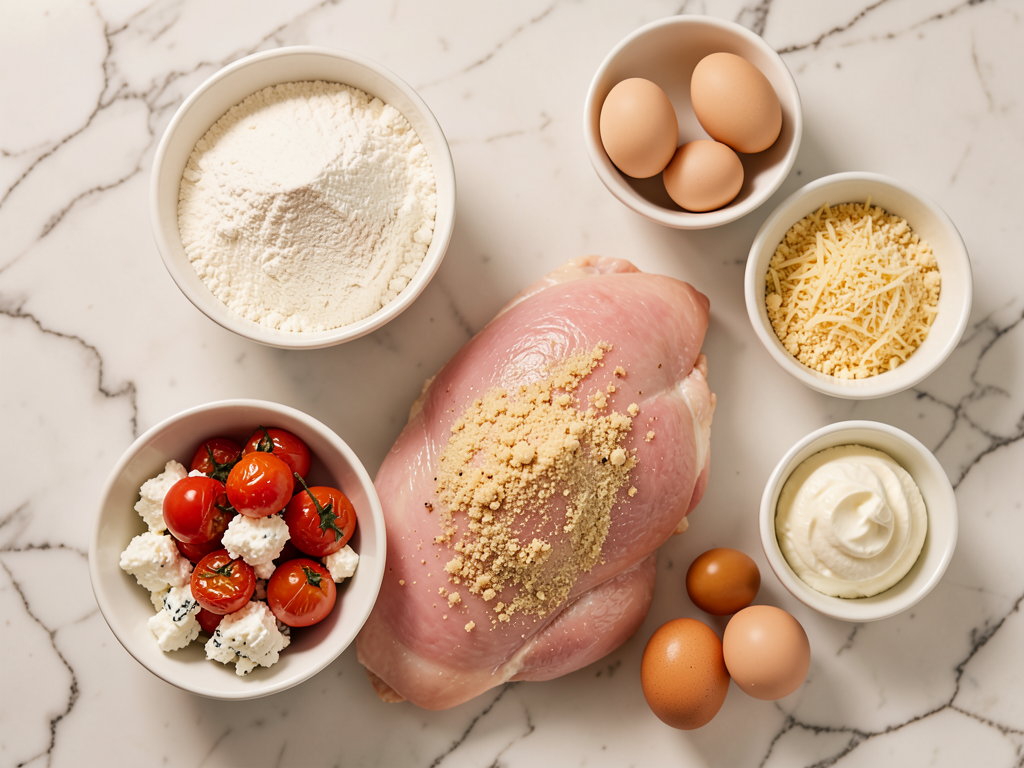 An overhead shot of chicken milanese with whipped feta, roasted tomatoes, and lemon basil oil. The chicken is golden brown and crispy, topped with bright red roasted cherry tomatoes and a drizzle of green herb oil. A dollop of creamy white whipped feta sits beside it.