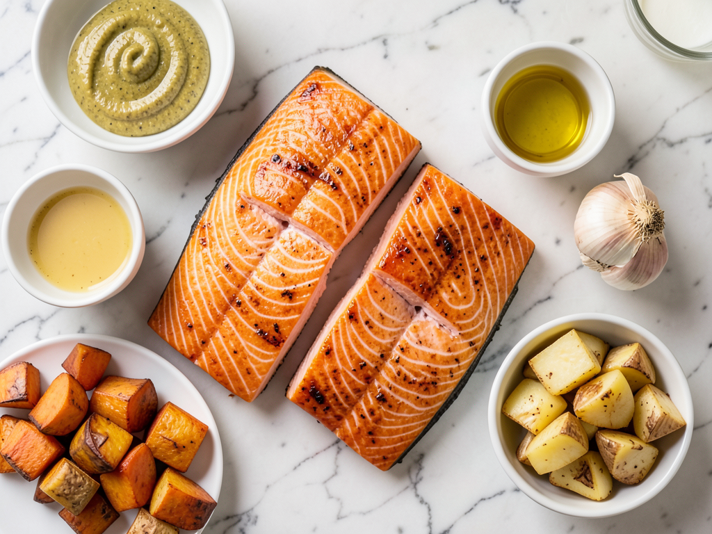 Honey Mustard Glazed Salmon with Roasted Sweet Potatoes & Garlic Potatoes
