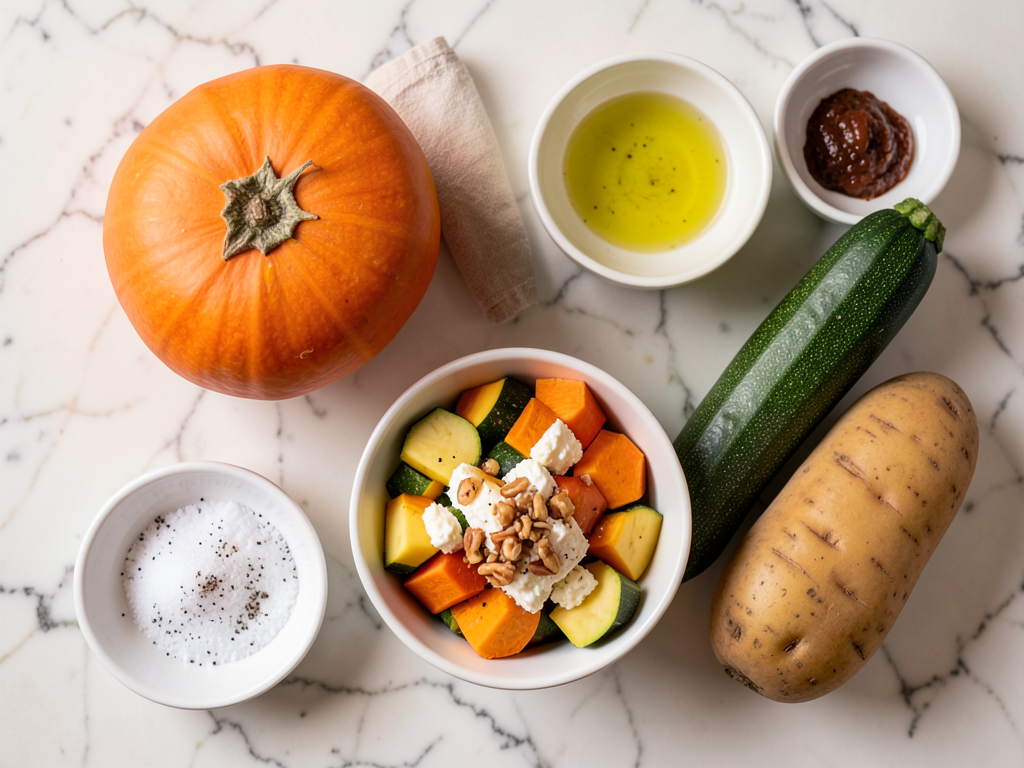 Roasted Vegetable Stack of Butternut Squash, Zucchini & Potato with Goat Cheese & Honey Pecan Glaze