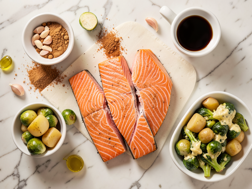 Brown Sugar Garlic Salmon with Cheesy Brussels Sprouts & Baby Potatoes