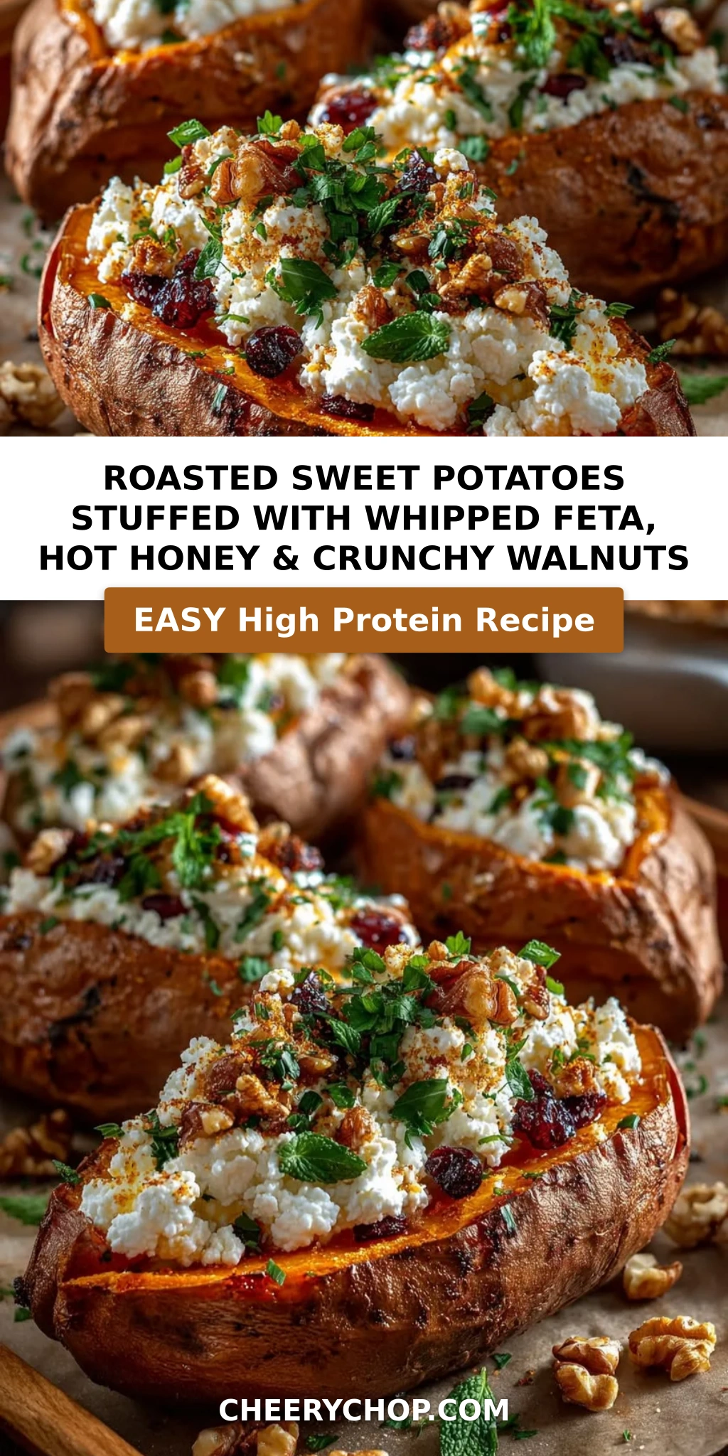 Roasted Sweet Potatoes Stuffed with Whipped Feta, Hot Honey & Crunchy Walnuts