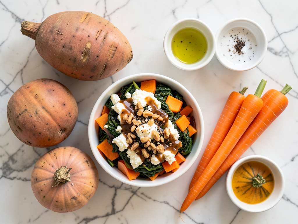 Layered Roasted Sweet Potato, Pumpkin, Carrot & Spinach Gratin with Goat Cheese & Maple Walnut Drizzle