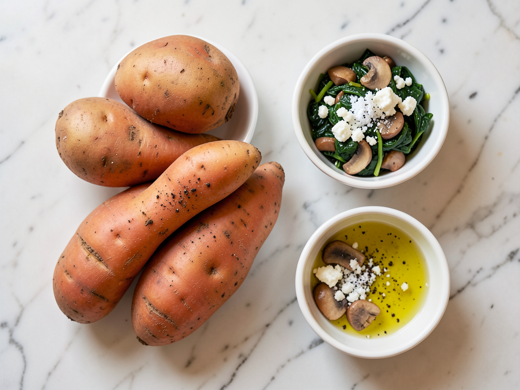 Mediterranean Loaded Sweet Potatoes with Garlic Spinach, Mushrooms & Feta